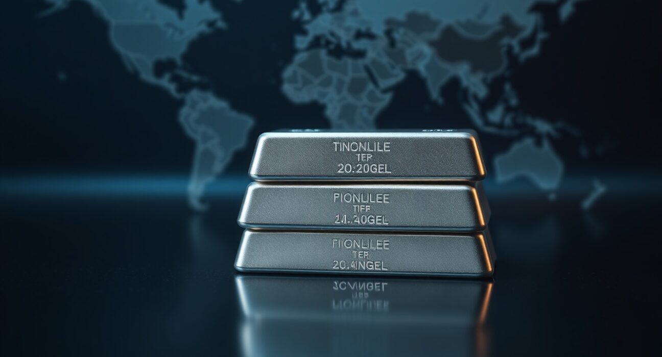 Stacked silver bars on a reflective surface with a geopolitical map background, representing precious metals trading amid Iran deal uncertainty.