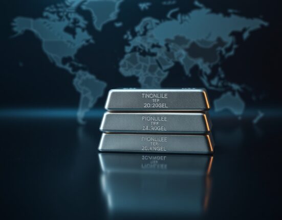 Stacked silver bars on a reflective surface with a geopolitical map background, representing precious metals trading amid Iran deal uncertainty.