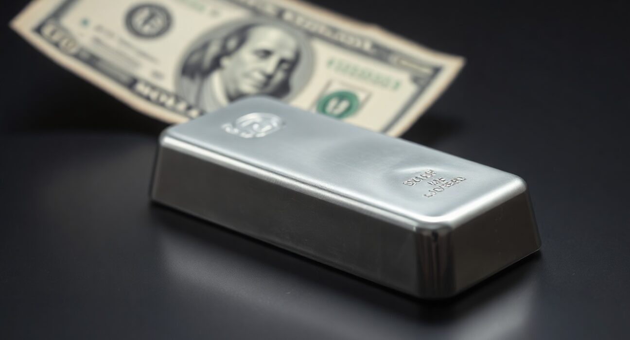 Silver bar on reflective surface with blurred dollar bill in background