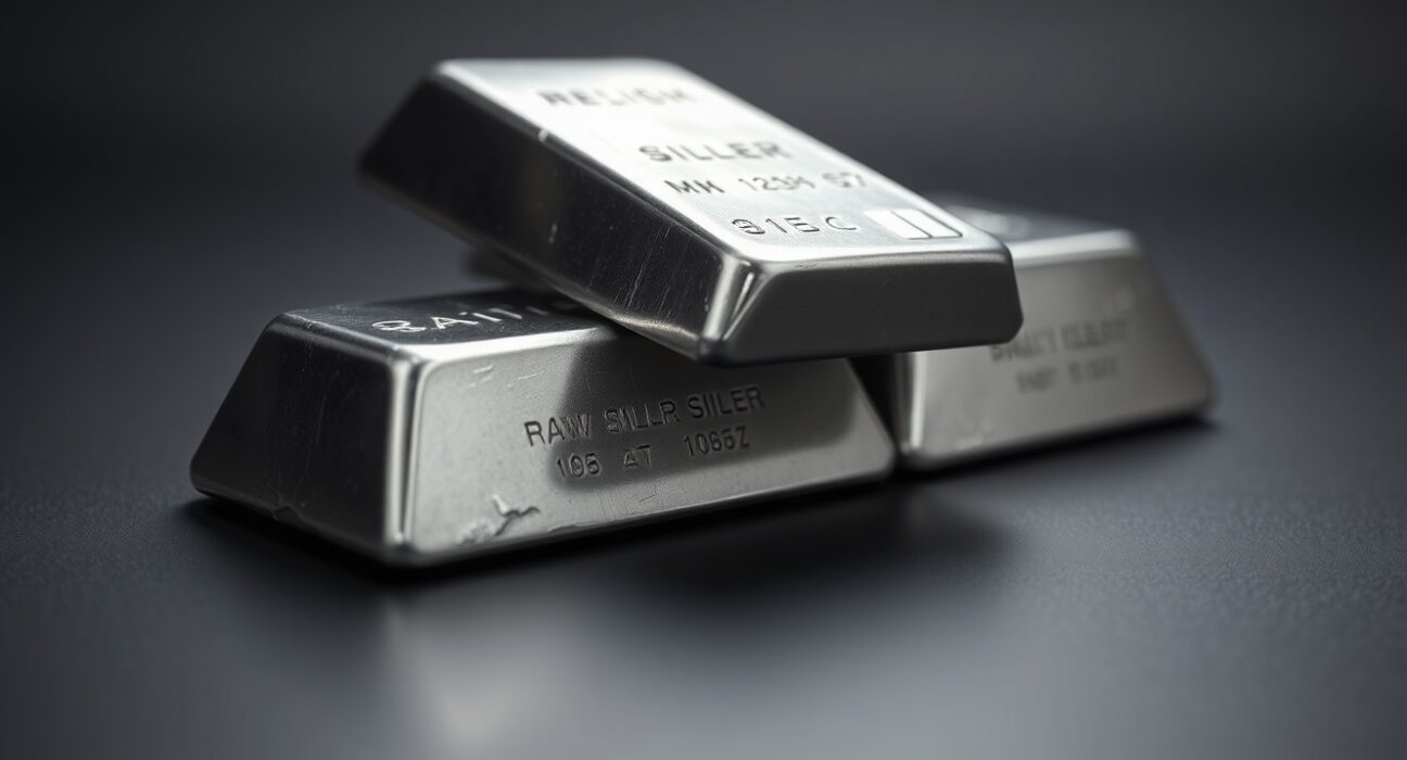 Close-up of silver bars on a dark reflective surface with soft studio lighting.