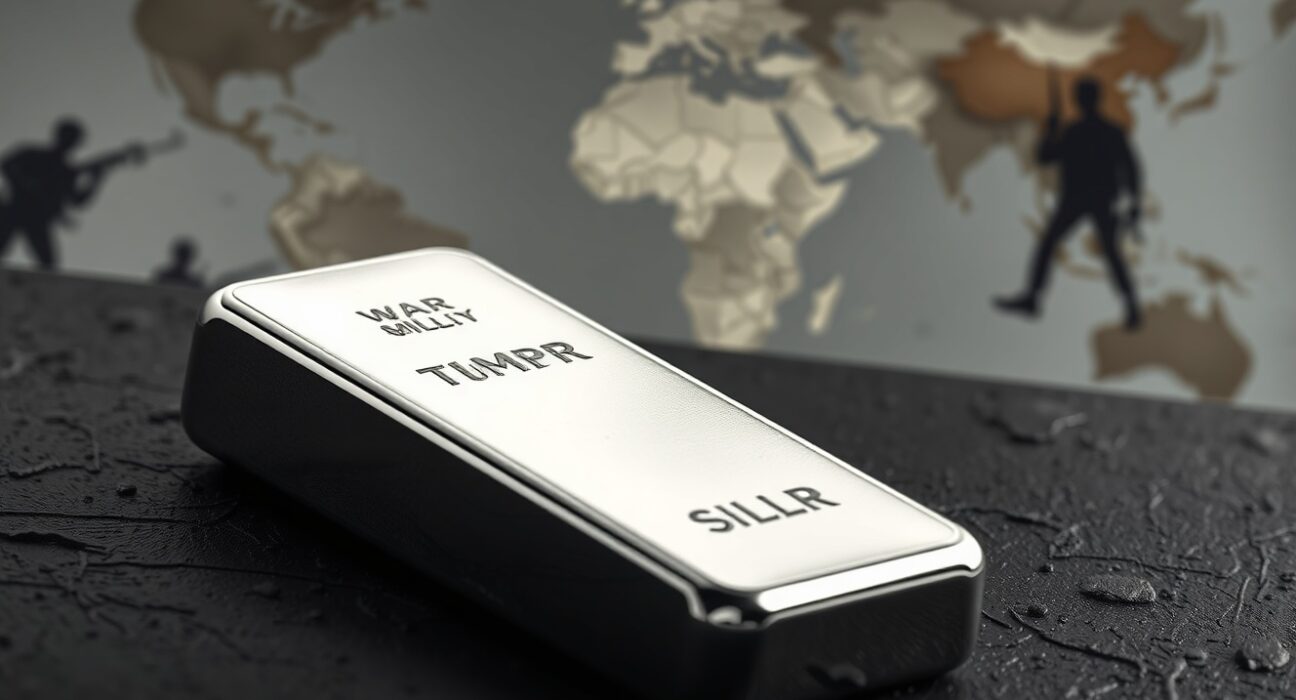 A polished silver bar with a blurred background of a world map and military silhouettes, representing the disconnect between silver prices and geopolitical crises.