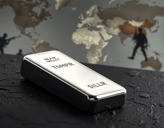 A polished silver bar with a blurred background of a world map and military silhouettes, representing the disconnect between silver prices and geopolitical crises.