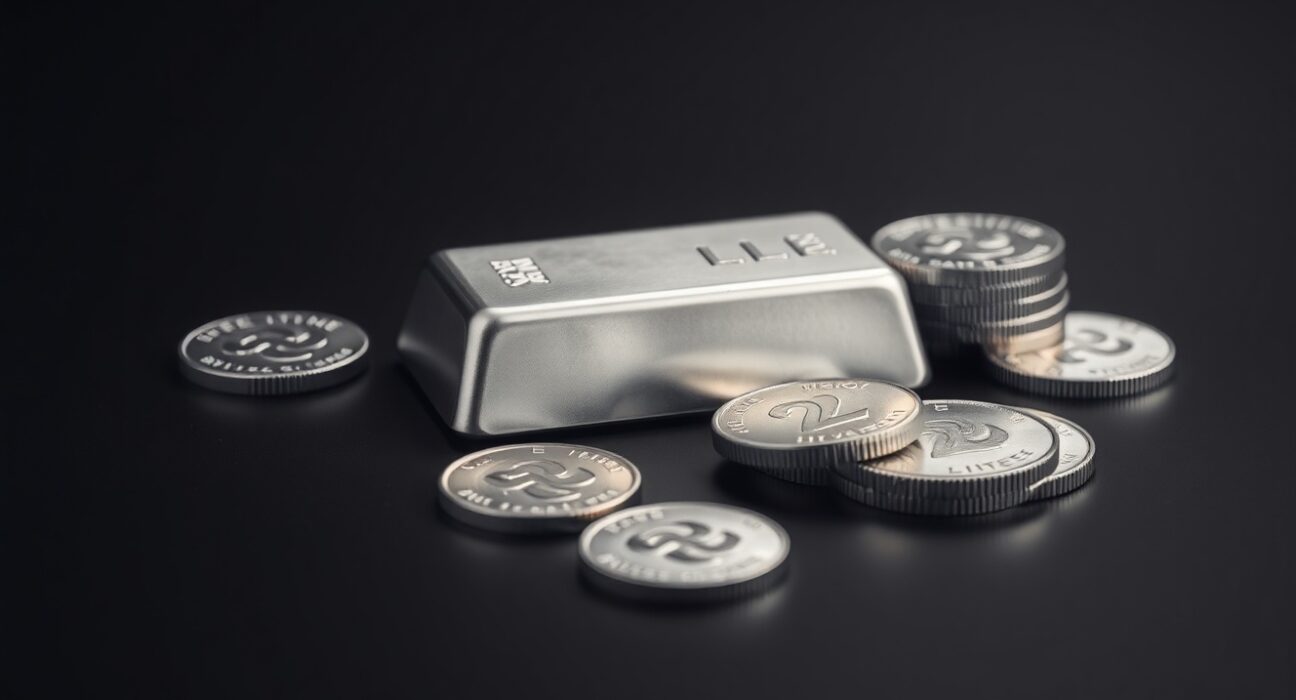 Silver bars and coins on a dark reflective surface, representing precious metals market and commodity investment.