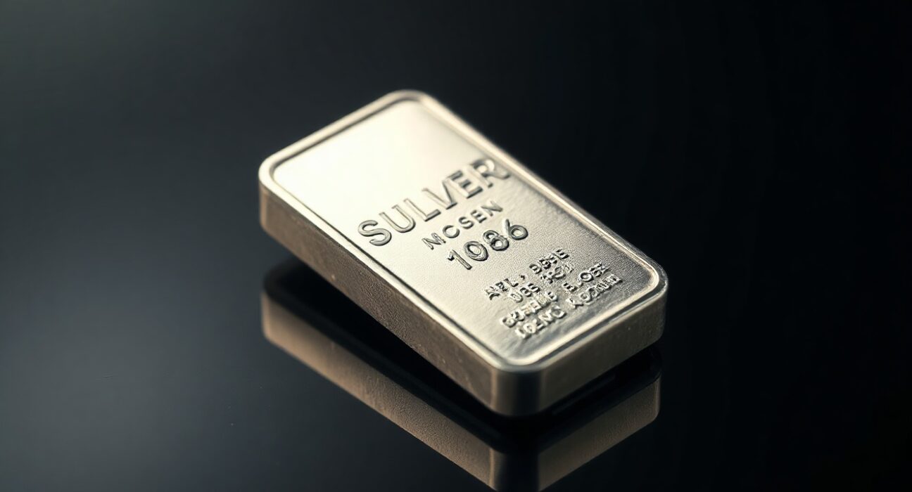 Silver bullion bar on a dark reflective surface with spotlight, representing a positive market outlook