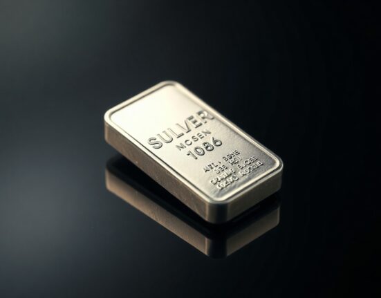 Silver bullion bar on a dark reflective surface with spotlight, representing a positive market outlook