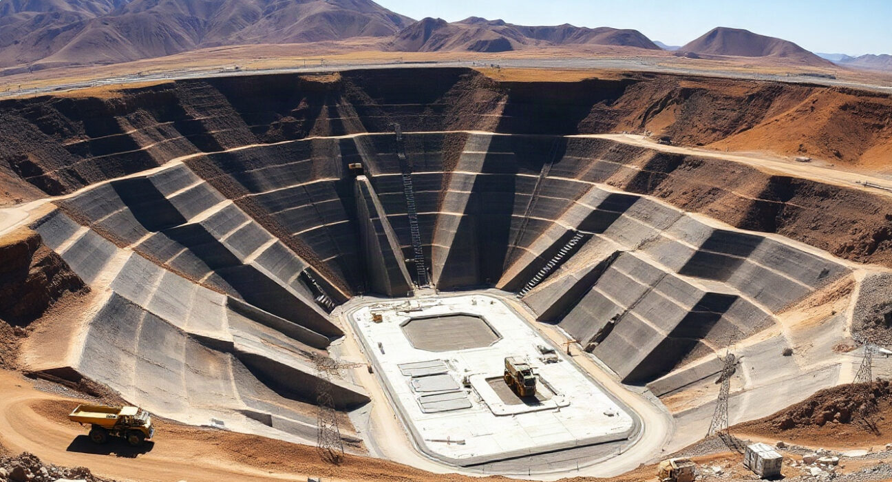 Open-pit silver mine in Latin America with terraced benches and heavy machinery under clear sky.