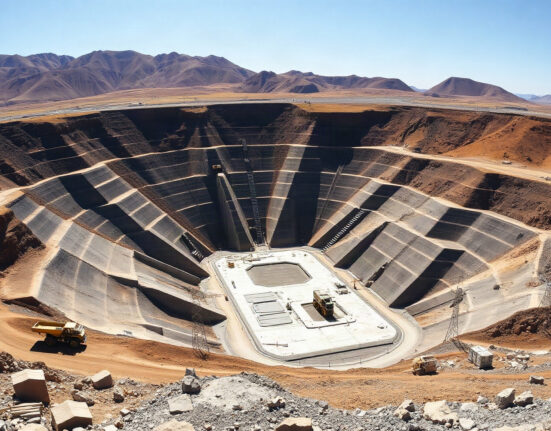 Open-pit silver mine in Latin America with terraced benches and heavy machinery under clear sky.
