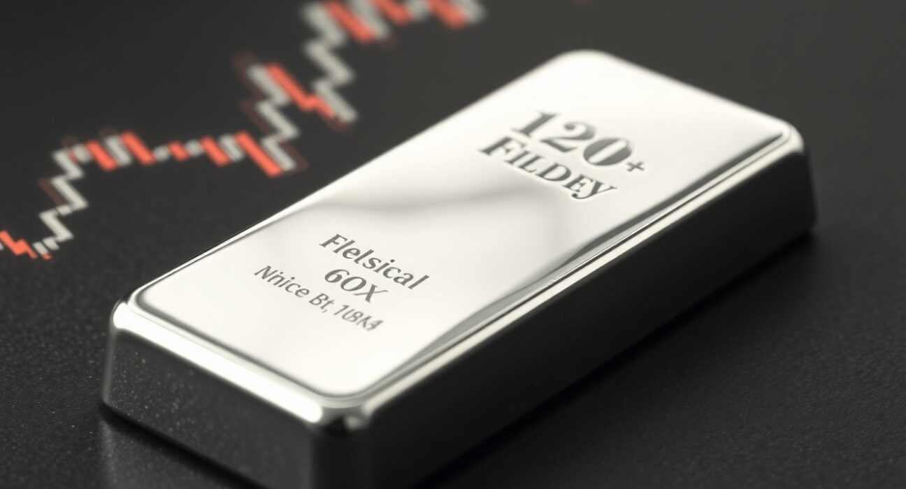 Silver price analysis showing bullion bar with technical chart background for market context.