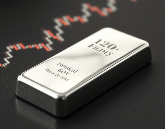 Silver price analysis showing bullion bar with technical chart background for market context.