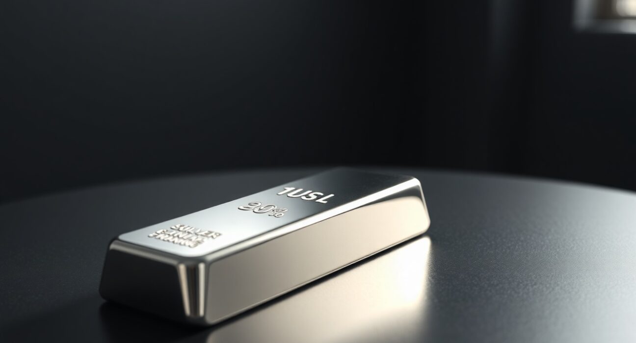 Silver bullion bar on dark reflective surface with soft lighting