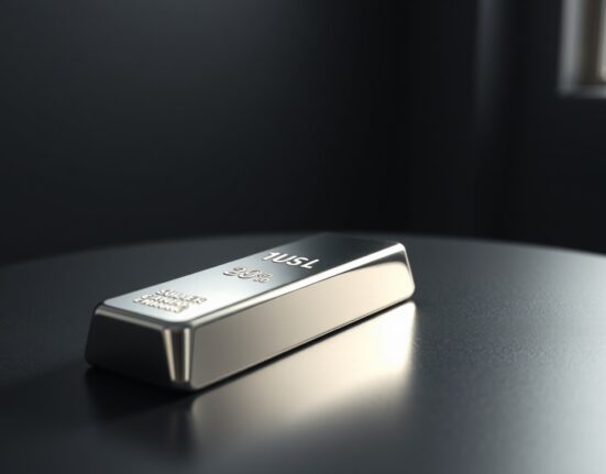 Silver bullion bar on dark reflective surface with soft lighting