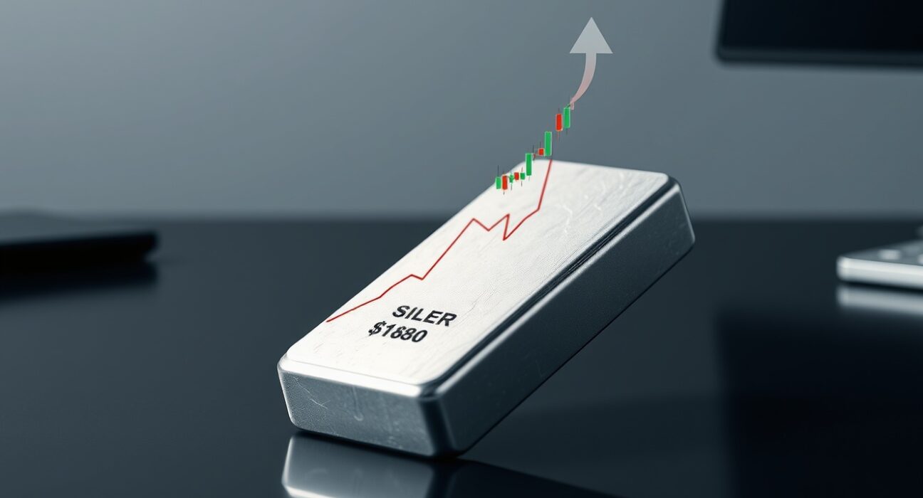 Silver bar with bullish harami candlestick chart and arrow pointing to $80 breakout level