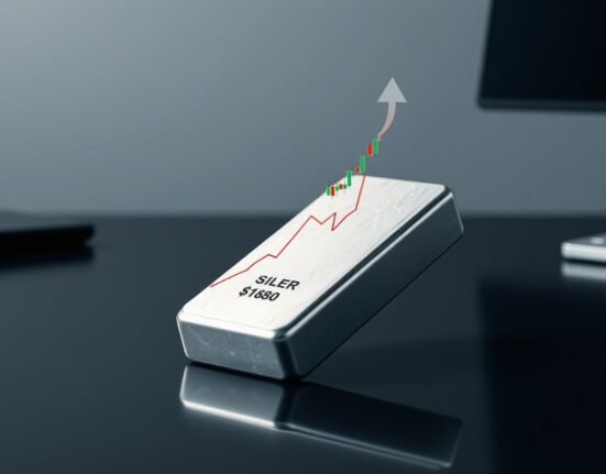 Silver bar with bullish harami candlestick chart and arrow pointing to $80 breakout level