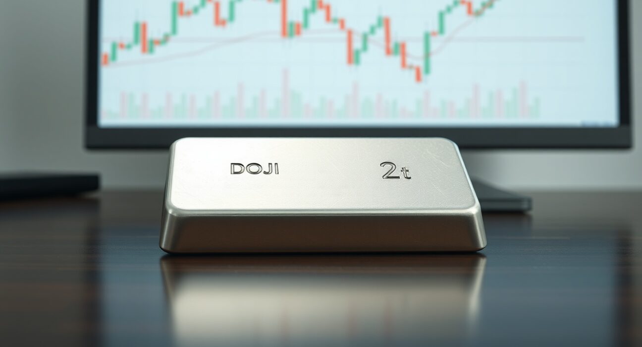 Silver price analysis showing bullion bar with Doji candlestick chart pattern indicating market reversal