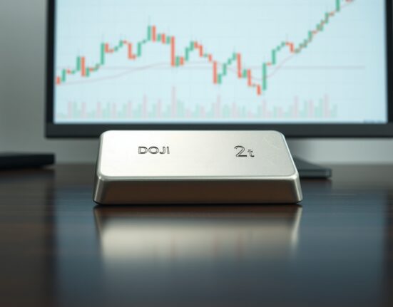 Silver price analysis showing bullion bar with Doji candlestick chart pattern indicating market reversal