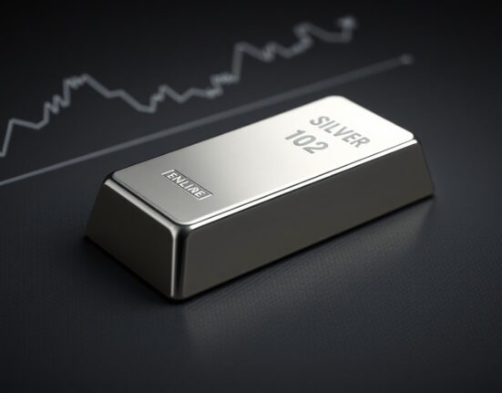 Silver price analysis showing a bullion bar with chart background indicating market stall at 20-day SMA.