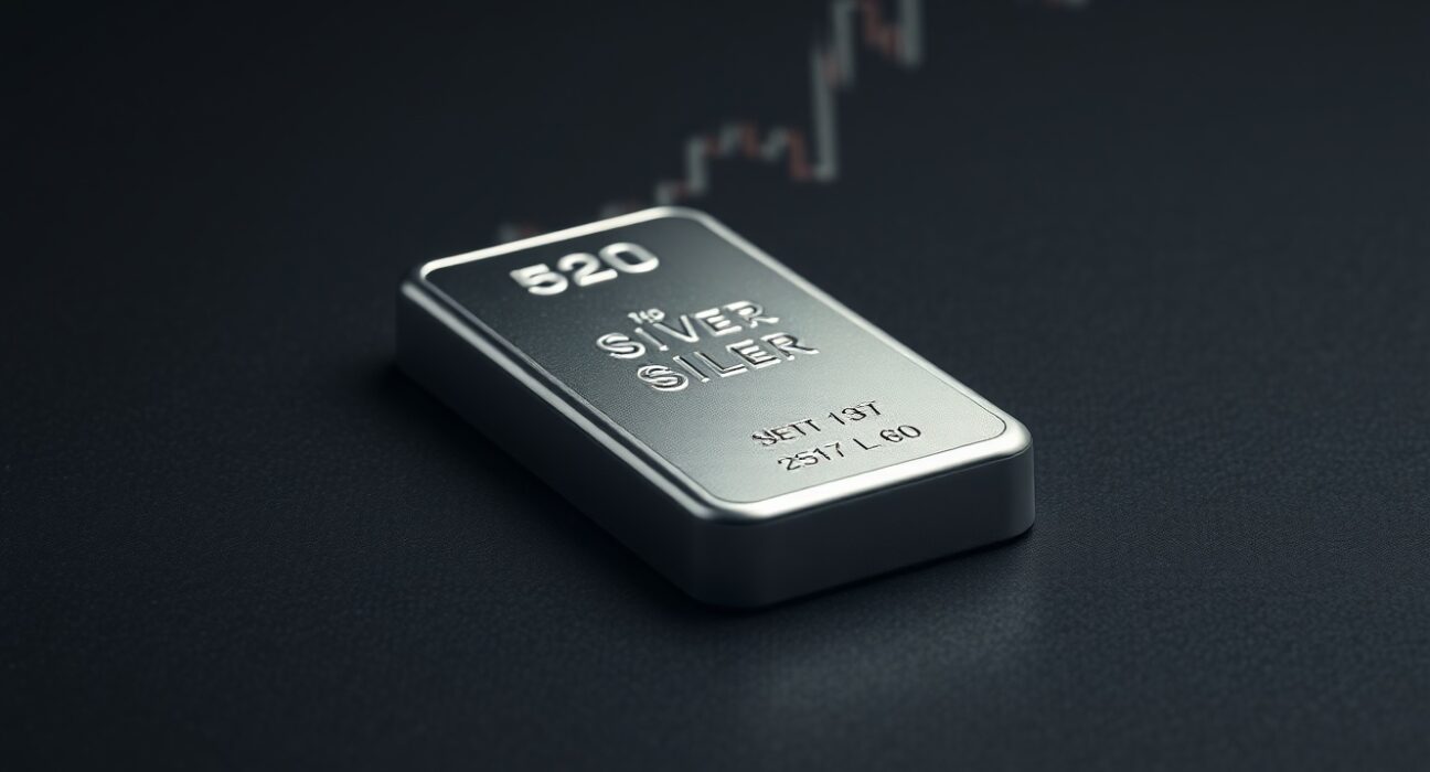 Silver price analysis showing a silver bullion bar representing current market volatility and technical levels.