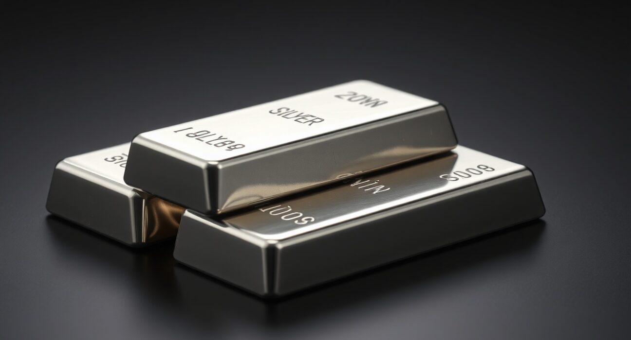 Stacked silver bullion bars on dark surface with soft lighting
