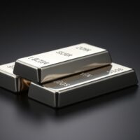 Stacked silver bullion bars on dark surface with soft lighting