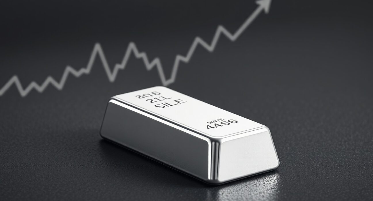 Silver price analysis showing a bullion bar with a chart indicating a trendline break in the background.