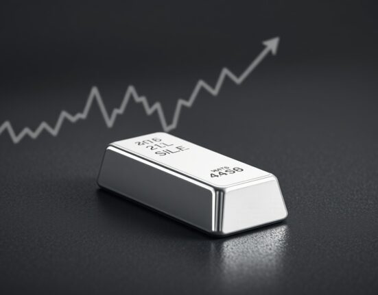 Silver price analysis showing a bullion bar with a chart indicating a trendline break in the background.