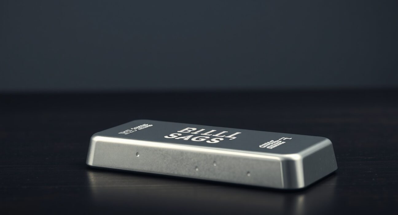 Close-up of a polished silver bar on a dark surface with soft lighting, representing precious metals investment and market analysis.
