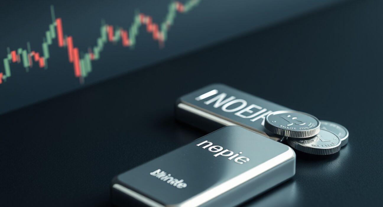 Silver bars and coins arranged on a dark surface with financial chart reflections, representing precious metals market analysis.