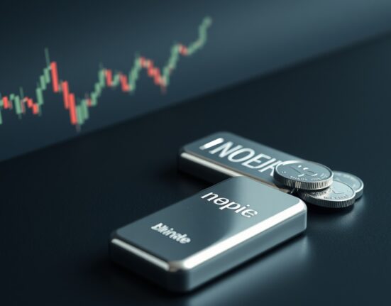 Silver bars and coins arranged on a dark surface with financial chart reflections, representing precious metals market analysis.