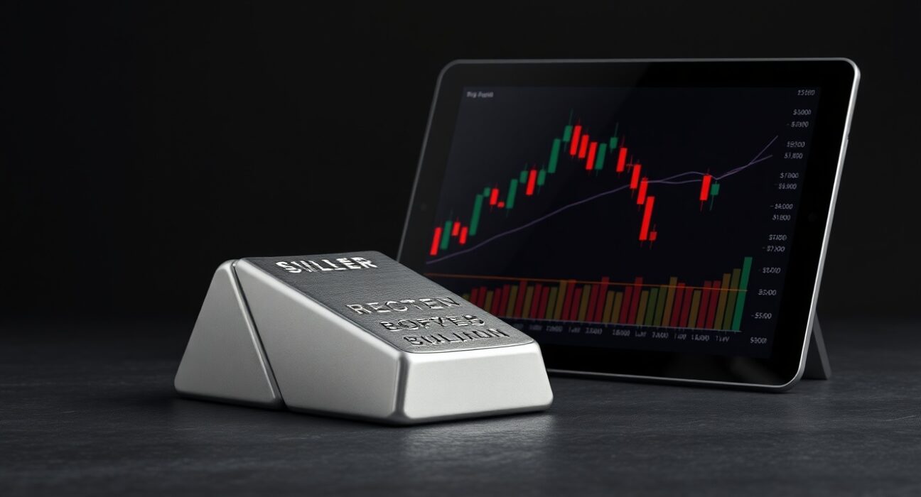 Silver price analysis showing bearish technical crossover pattern with silver bullion bar