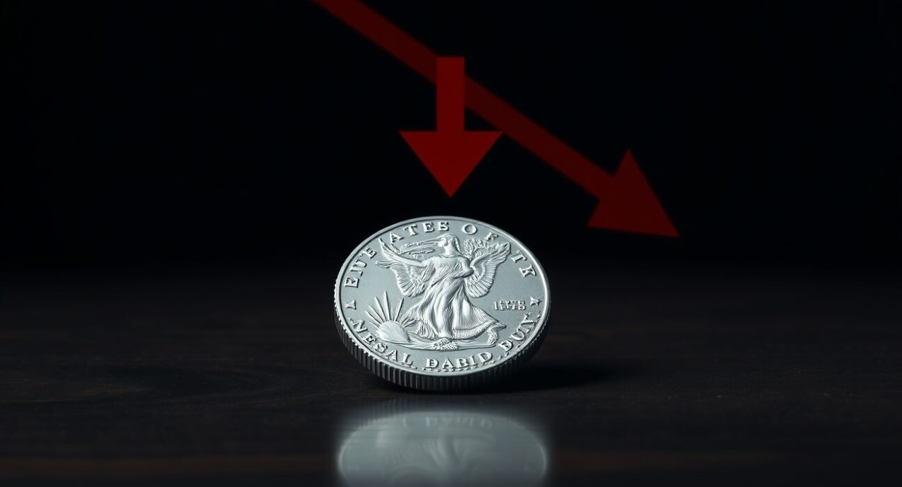 Silver coin with a red downward arrow representing a bearish engulfing pattern and potential further losses in silver price.