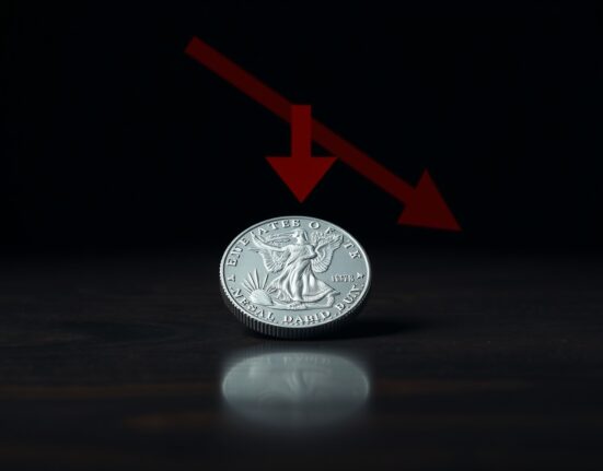 Silver coin with a red downward arrow representing a bearish engulfing pattern and potential further losses in silver price.