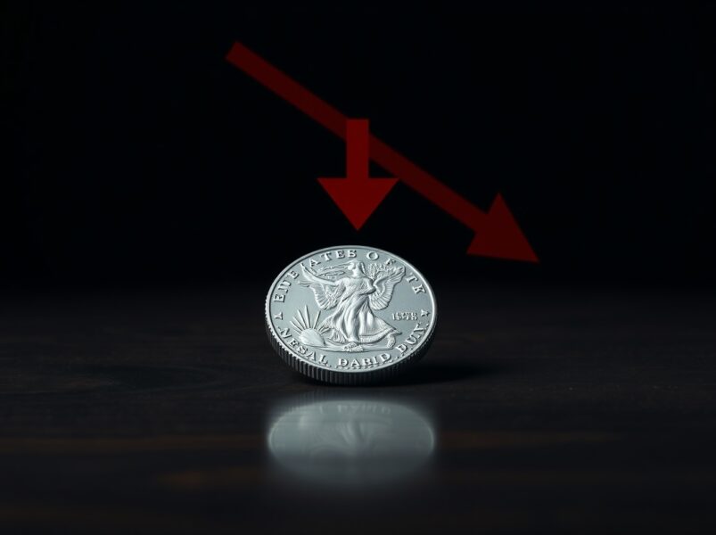 Silver coin with a red downward arrow representing a bearish engulfing pattern and potential further losses in silver price.