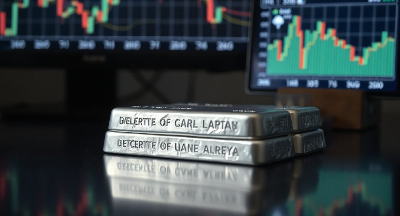 Silver bars on a dark surface with a price chart in the background indicating a decline.