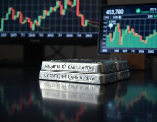 Silver bars on a dark surface with a price chart in the background indicating a decline.