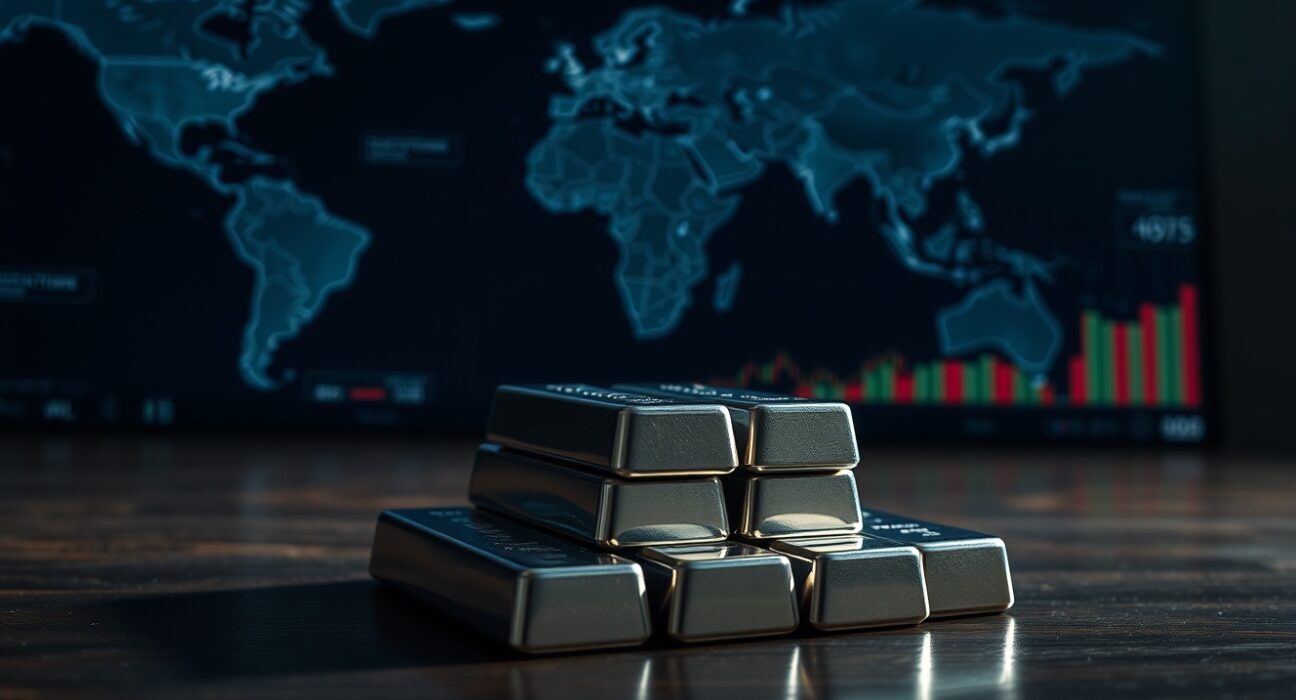Stack of silver bars on a dark surface with a blurred geopolitical news background