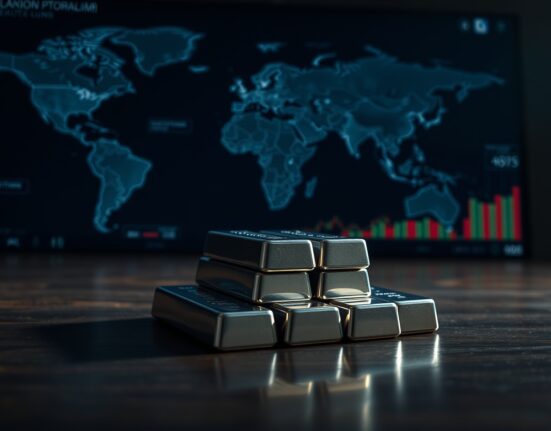 Stack of silver bars on a dark surface with a blurred geopolitical news background