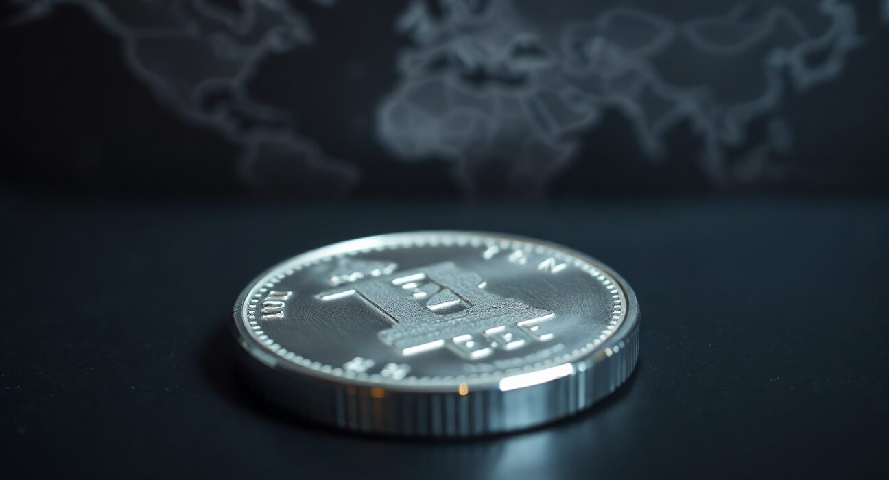 Close-up of a silver bar on a dark surface with a blurred geopolitical map background, representing safe-haven demand amid US-Iran tensions.