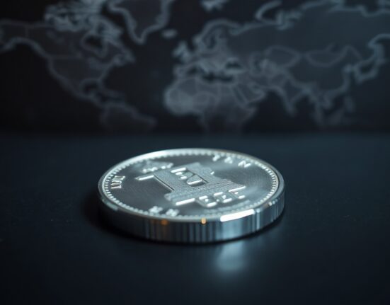 Close-up of a silver bar on a dark surface with a blurred geopolitical map background, representing safe-haven demand amid US-Iran tensions.