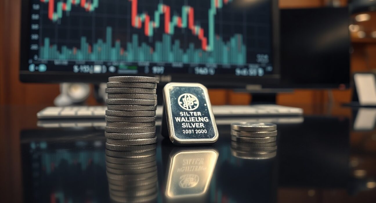 Silver bullion coins and bars on a reflective surface with a blurred trading chart in the background