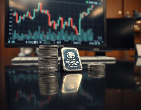 Silver bullion coins and bars on a reflective surface with a blurred trading chart in the background