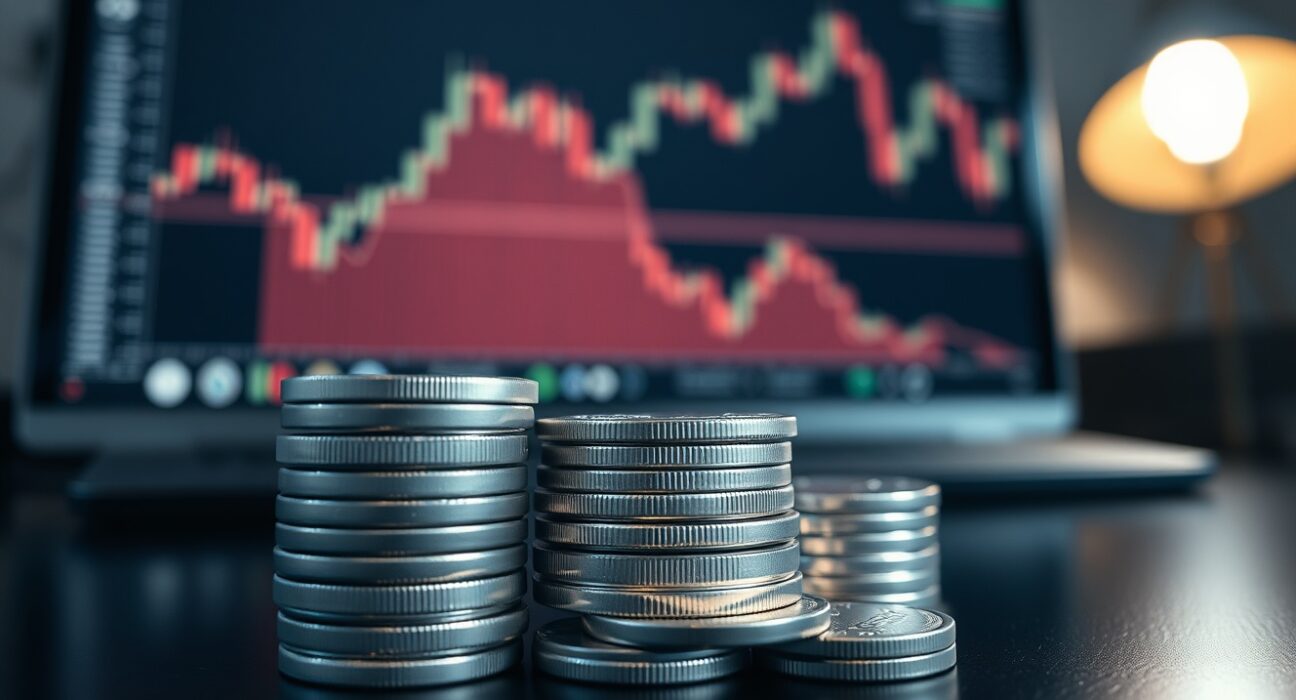 Close-up of silver bullion coins and bars on a trading desk, symbolizing price consolidation.