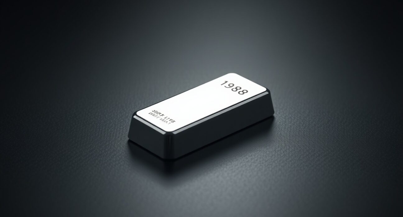 Silver bar on dark surface with grid pattern suggesting technical analysis