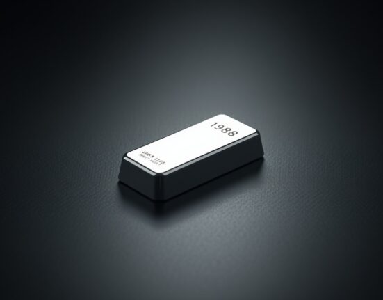 Silver bar on dark surface with grid pattern suggesting technical analysis