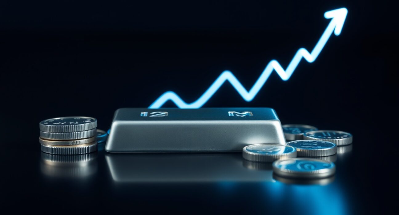Silver bars and coins on dark surface with subtle upward trend line overlay