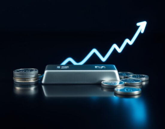 Silver bars and coins on dark surface with subtle upward trend line overlay