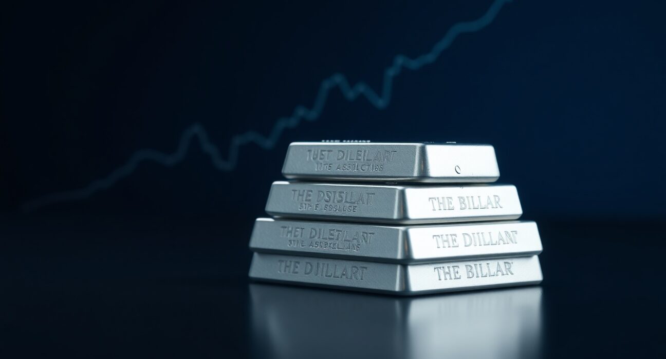 Silver bullion bars on reflective surface with upward trend line overlay