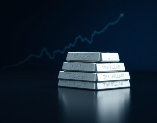 Silver bullion bars on reflective surface with upward trend line overlay