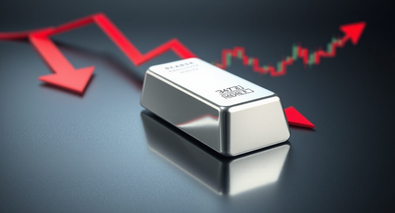 Silver bar on dark surface with bearish chart indicators suggesting price decline