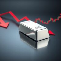 Silver bar on dark surface with bearish chart indicators suggesting price decline