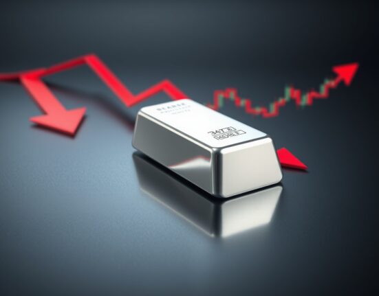 Silver bar on dark surface with bearish chart indicators suggesting price decline